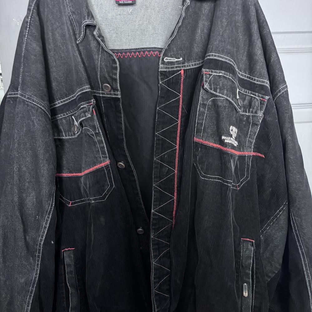 Men's Black Denim Jacket with Red Stitching